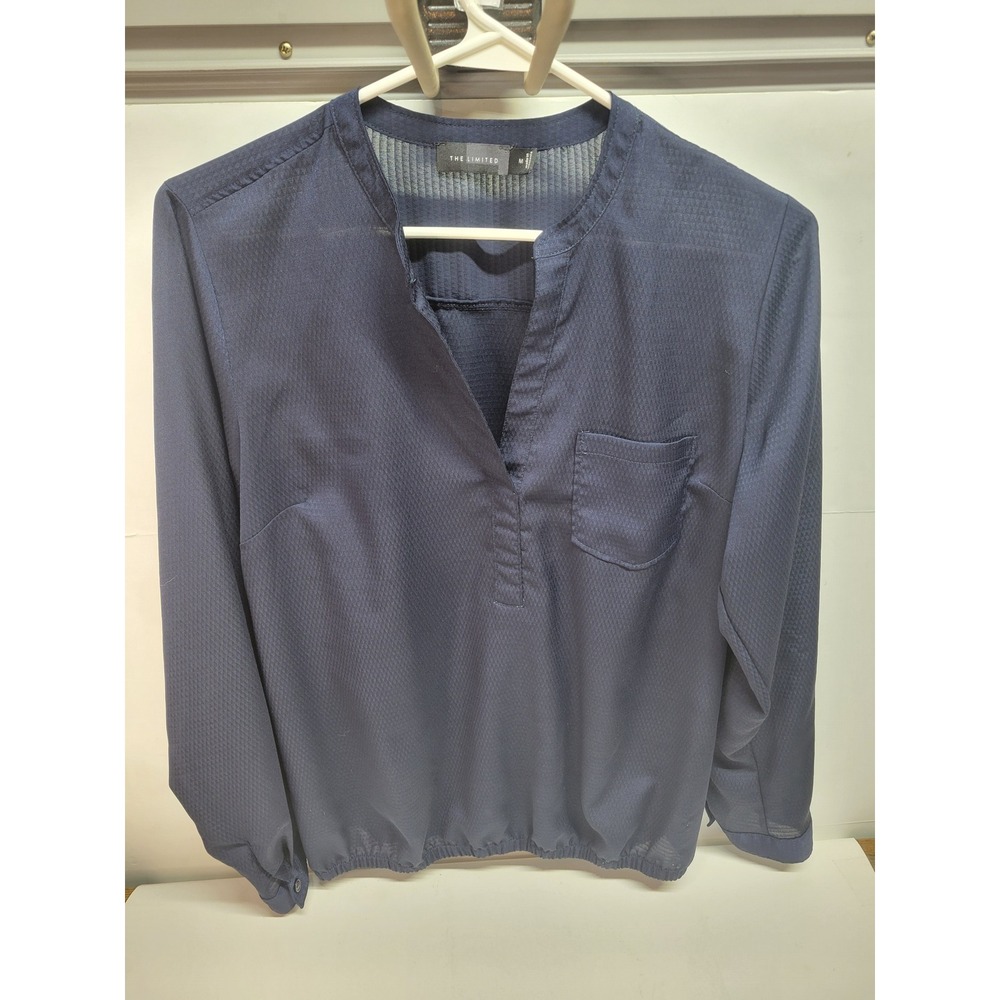 The Limited Navy Blue‎ Textured V-Neck Button Front Long Sleeve Blouse Size M